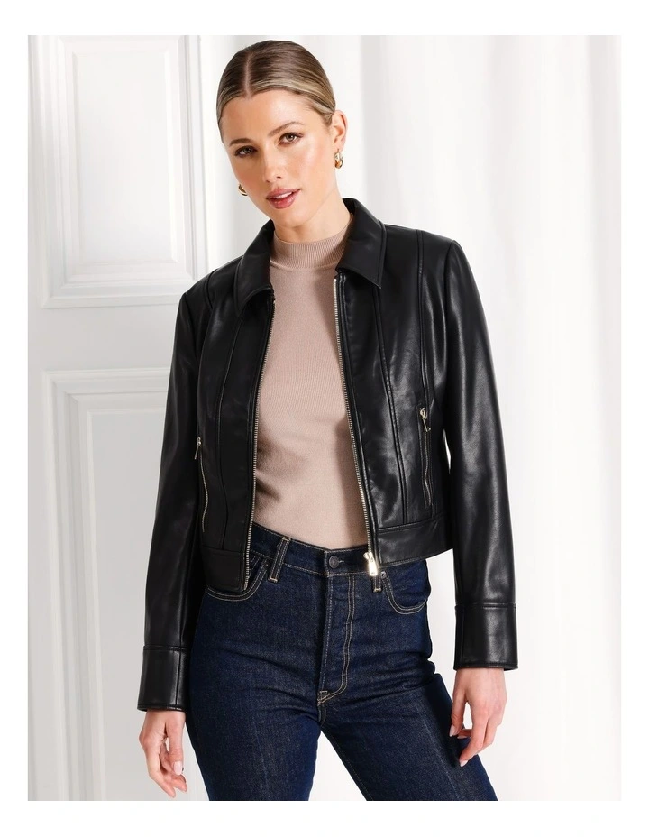 Faux Leather Trucker Jacket in Black