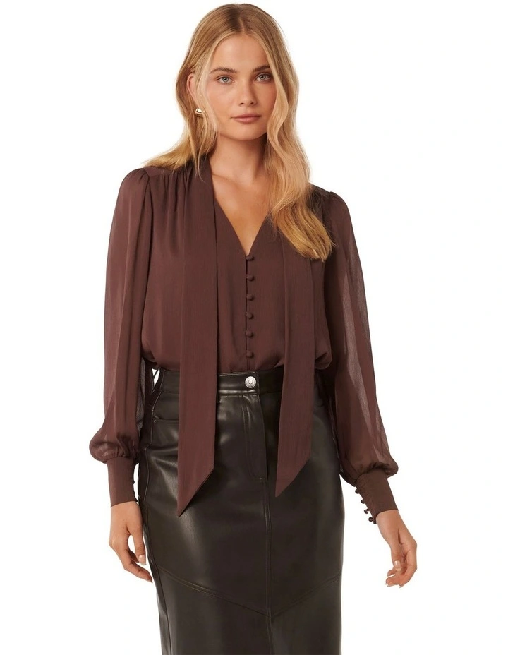 Teresa Neck Tie Blouse in Chocolate