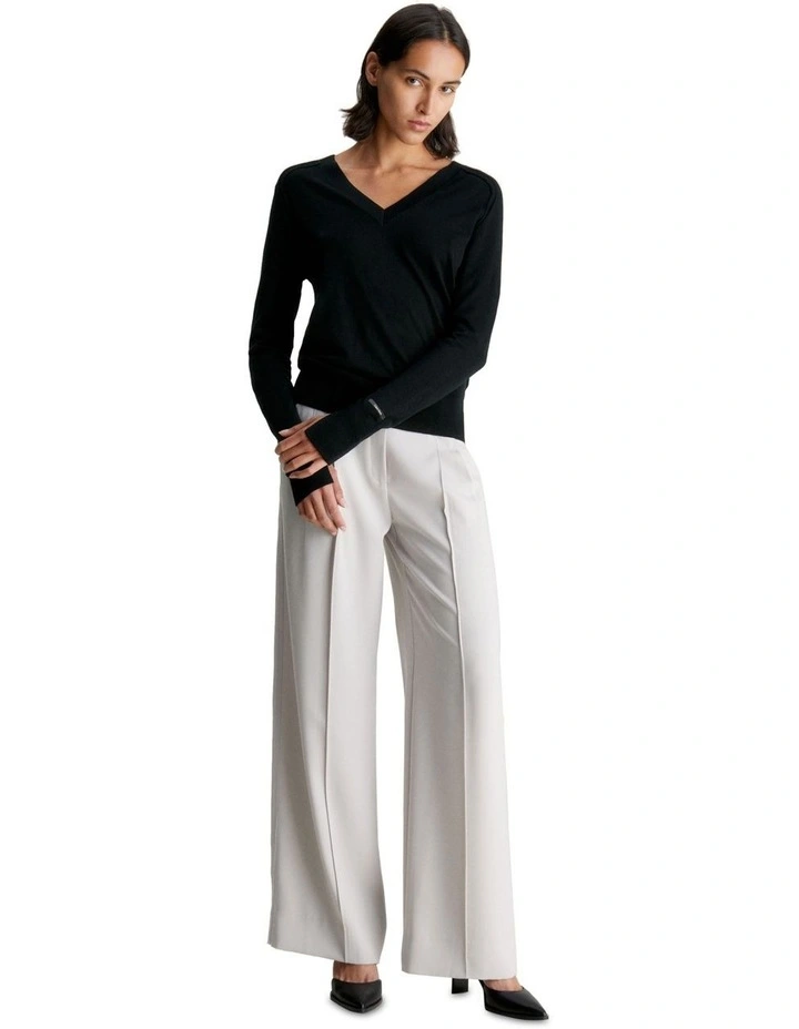 Extra Fine Wool Double V-Neck Knit in Black