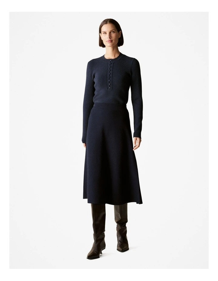 Wool Cotton Blend Rib Button Front Knit in Night Sky