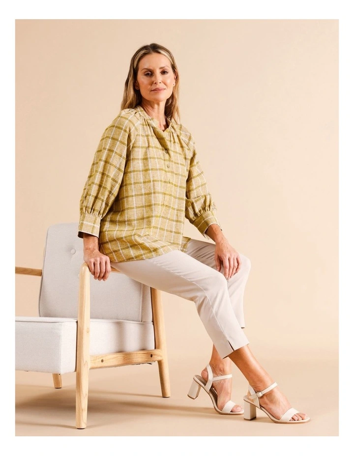 Organic Cotton Blend Stand Collar 3/4 Full Sleeve Top in Olive Check