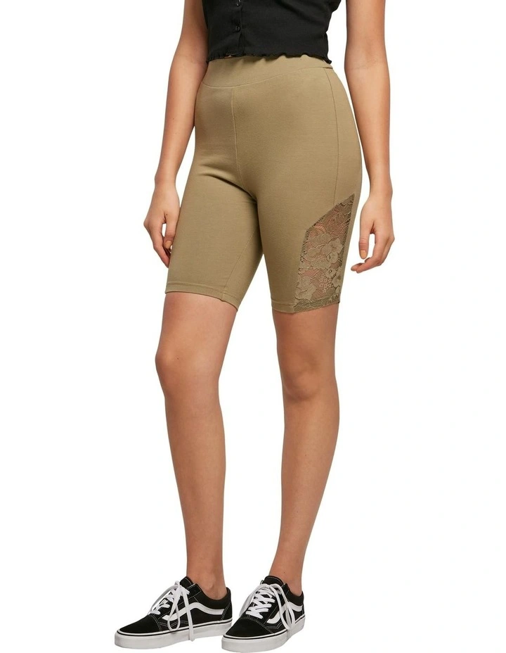 High Waist Lace Inset Cycle Shorts in Khaki