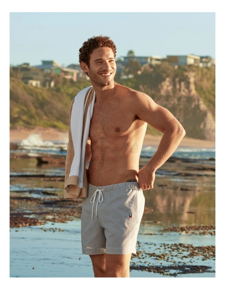 Ithaca Stripe Mid Length Swim Shorts in Blue