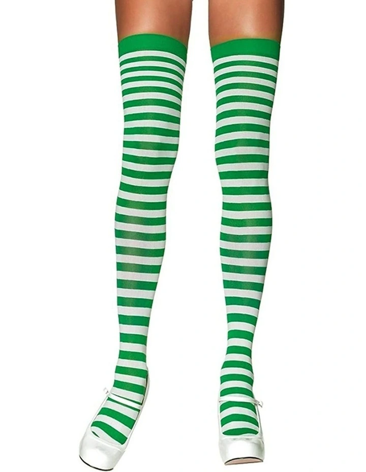 Over The Knee Stripes Socks x10 in Green/White