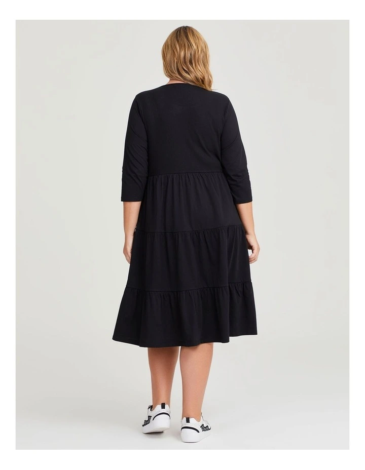 Cotton Rib Tiered Dress in Black