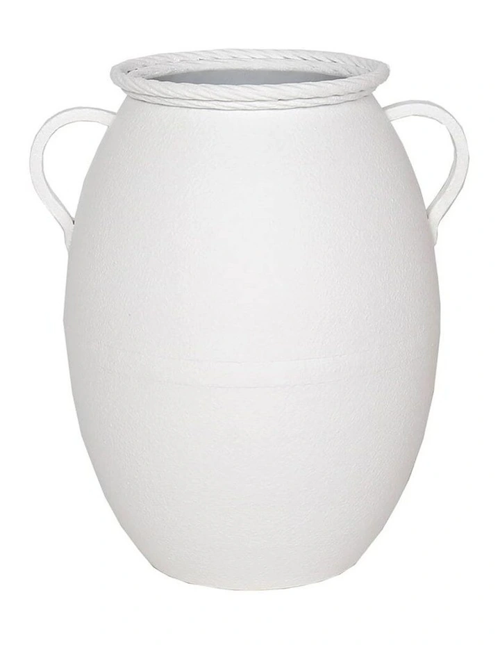 2-Handle Decorative Metal Vase with Coil Rim 42cm in Distressed White