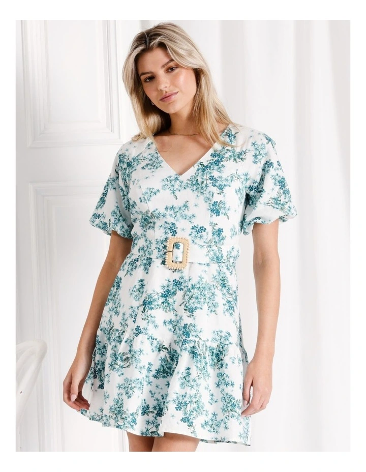 European Linen Blend Belted Mini Dress in Teal