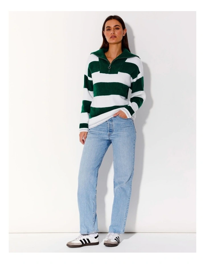 Zip Neck Knit Jumper in Forrest Green/Ivory