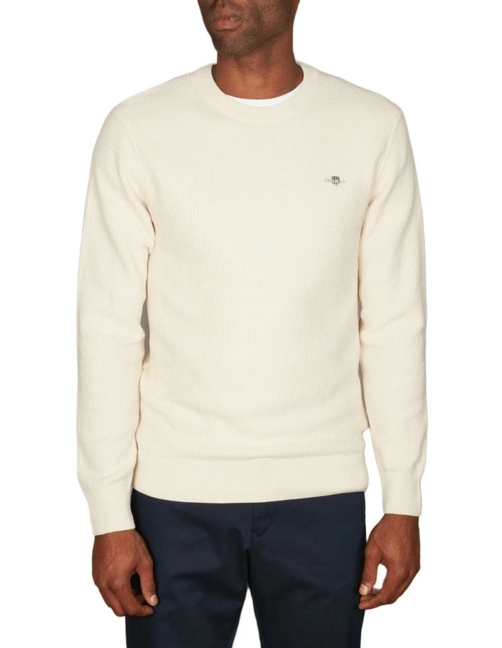 Micro Cotton Textured Crew Neck Sweater in Cream