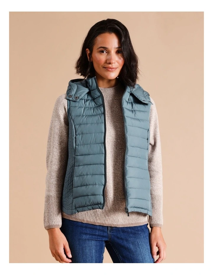 Recycled Polyester Straight Quilted Vest With Removable Hood in Dusty Blue