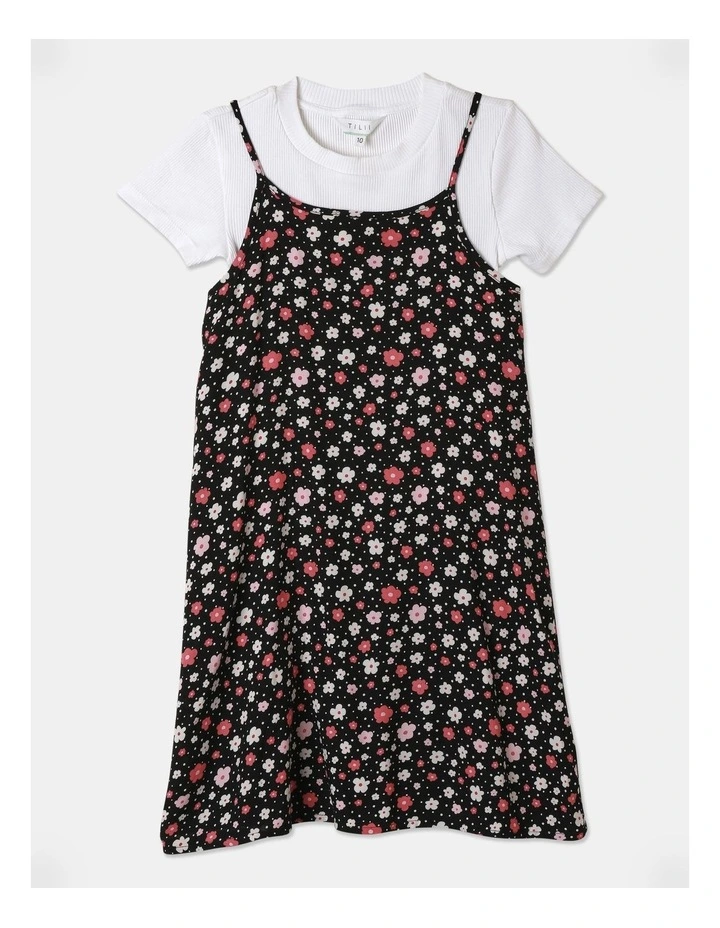 Rib Top & Woven Dress Set in Black