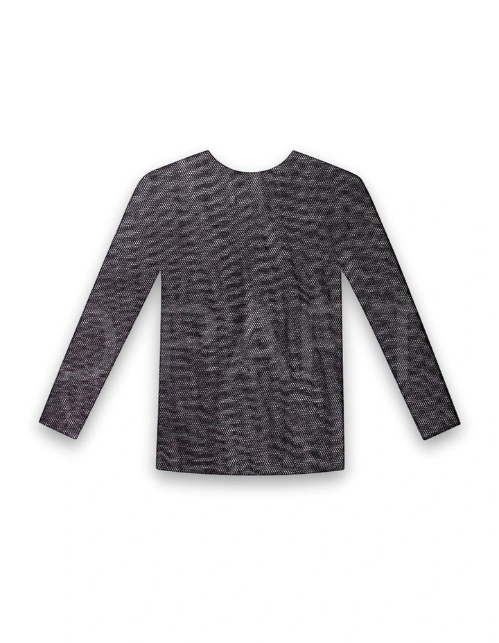 Long Sleeve Stretch Mesh Top Round Neckline Blouse Shirt Costume in Black