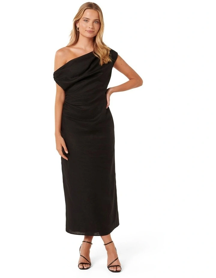 Amara Linen Tipped Shoulder Midi Dress in Black