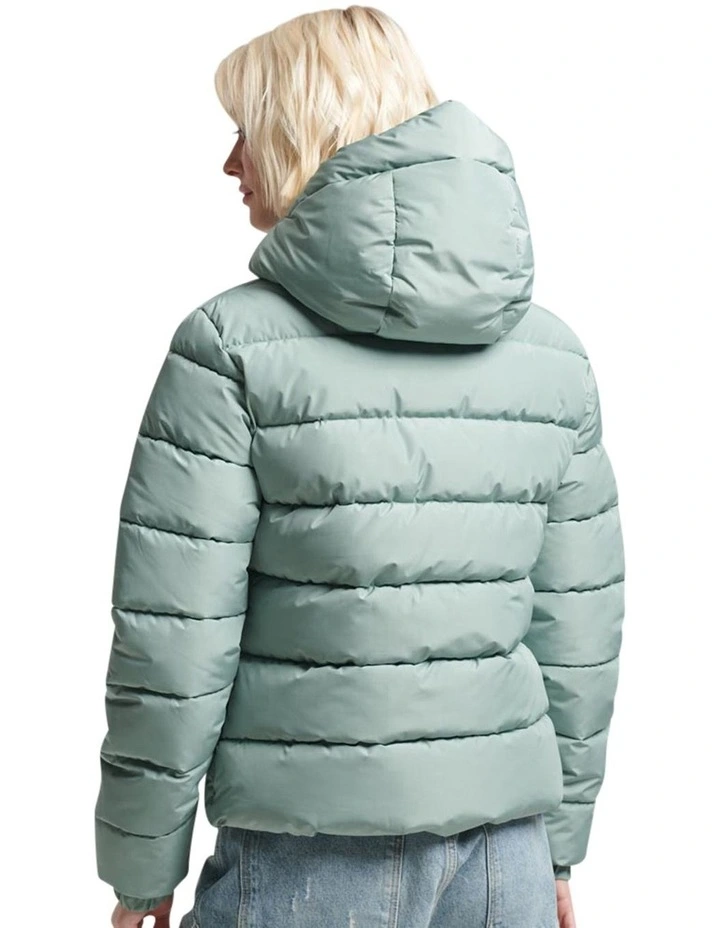 Hooded Sports Puffer Jacket in Light Jade Green