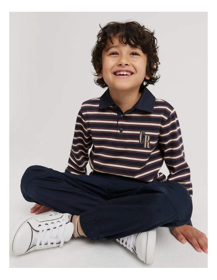 Long Sleeve Block Stripe Rugby Sweat Top in Navy