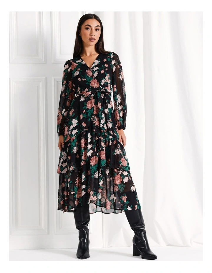 Recycled Blend Long Sleeve Wrap Ruffle Midi Dress in Black