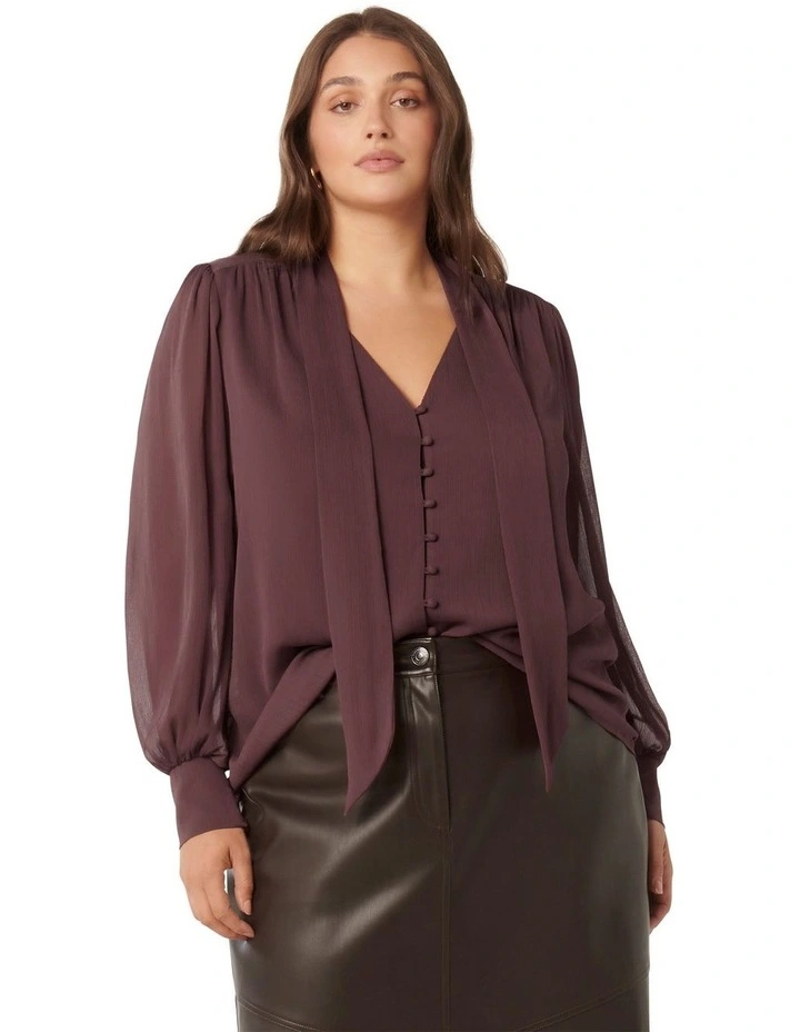 Teresa Neck Tie Blouse in Brown