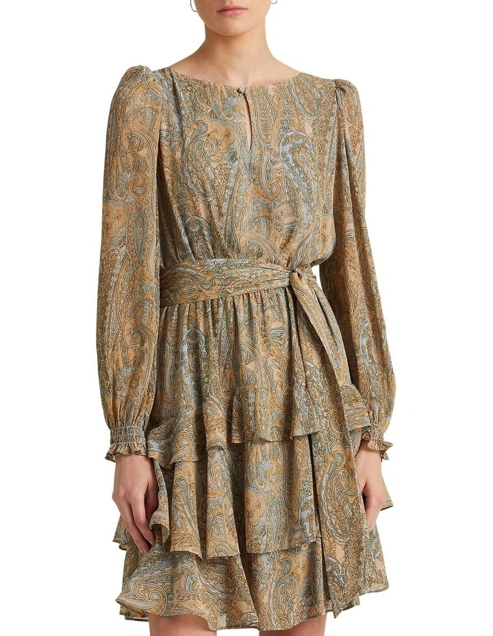 Paisley Belted Crinkle Georgette Dress in Multi