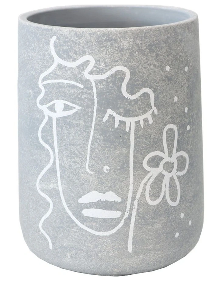 Tall Contemporary Line-Face Flower Pot Planter in Grey
