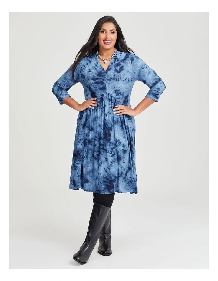 Jacquard Tie Dye V-neck Dress in Dark Indigo Print