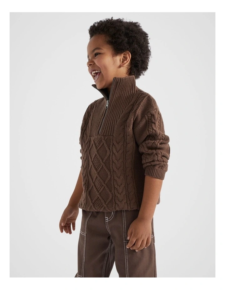 Zip Cable Knit Sweater in Chocolate