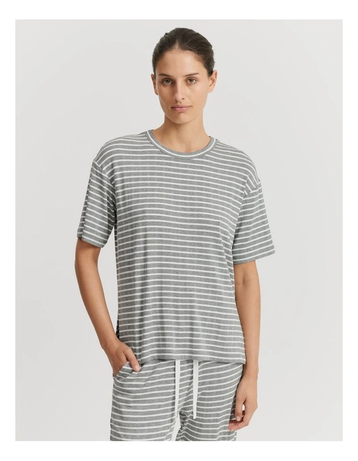 Stripe Short Sleeve Pyjama Top in Grey Marle Stripe