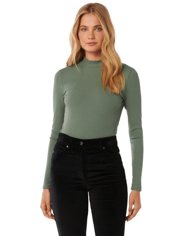Winona Rib Long Sleeves Top in Green