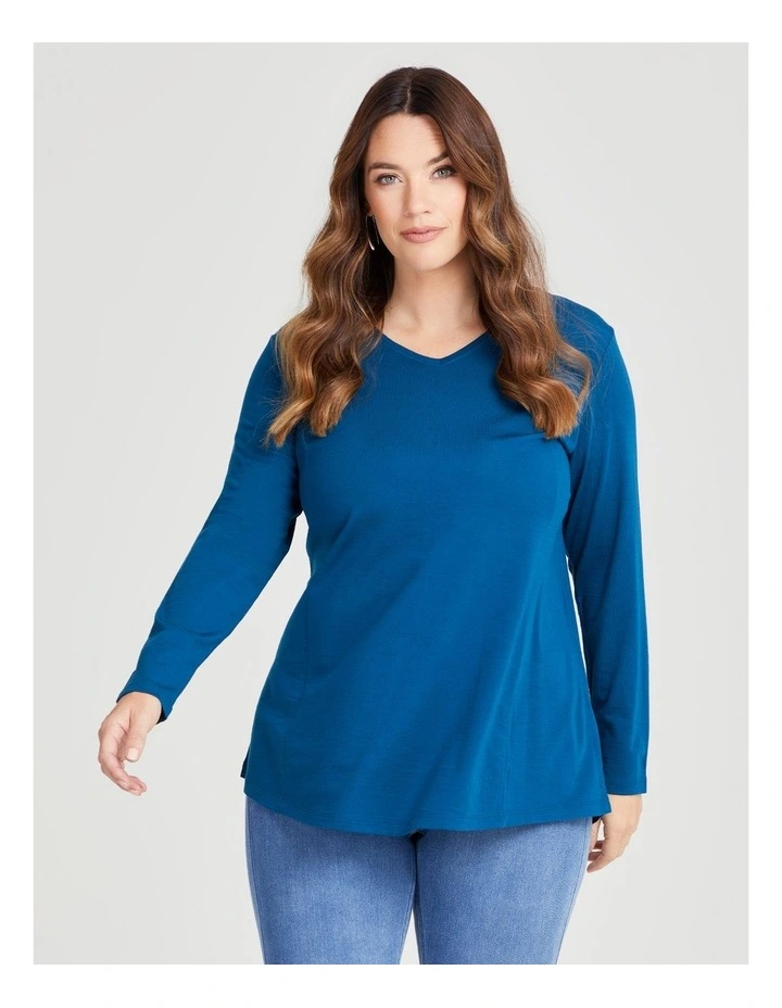 Wool Bamboo V-neck Top in Harbour Blue