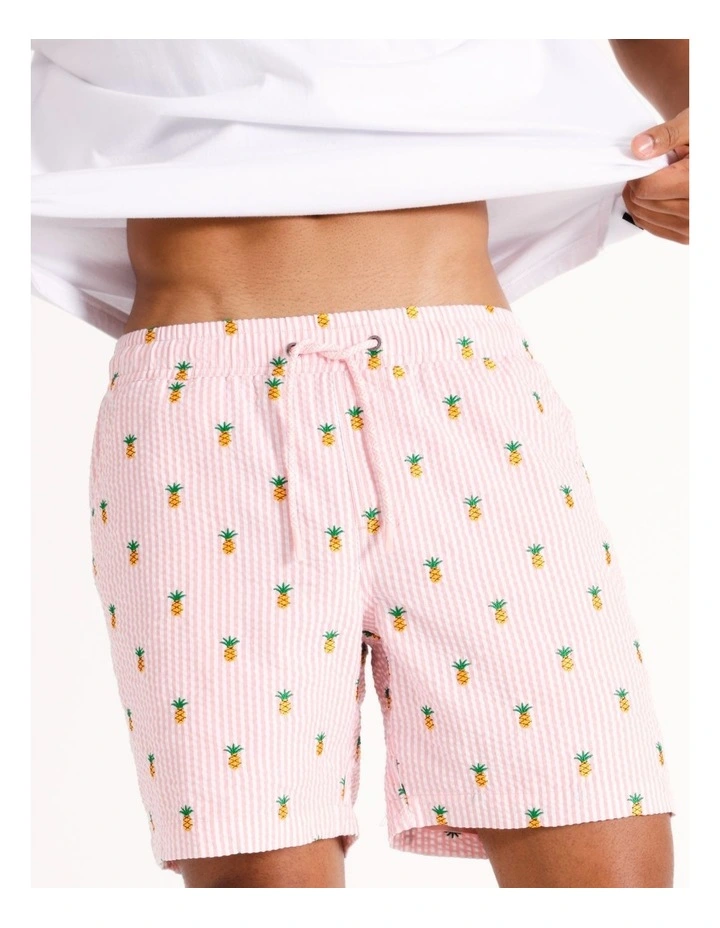 Embroidered Seersucker Stripe Short in Pink