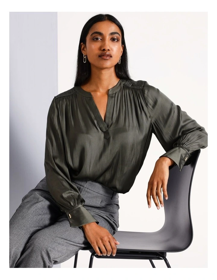 Recycled Polyester V-Neck Satin Blouse in Khaki