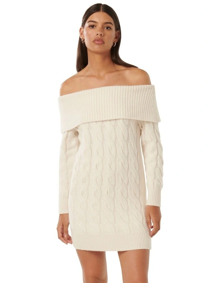 Addison Cable Bardot Mini Dress in White