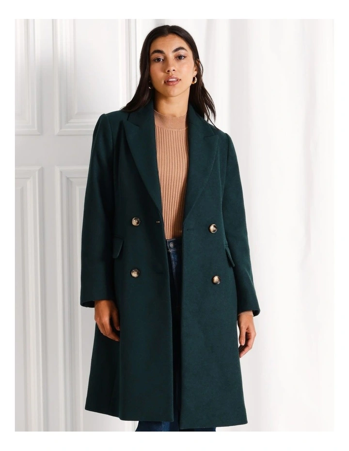 Longline Double Breasted Coat in Dark Green