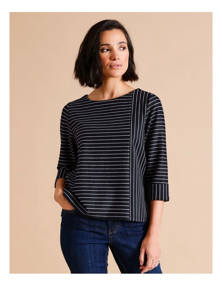 3/4 Cuffed Panelled Tee In Navy/ White