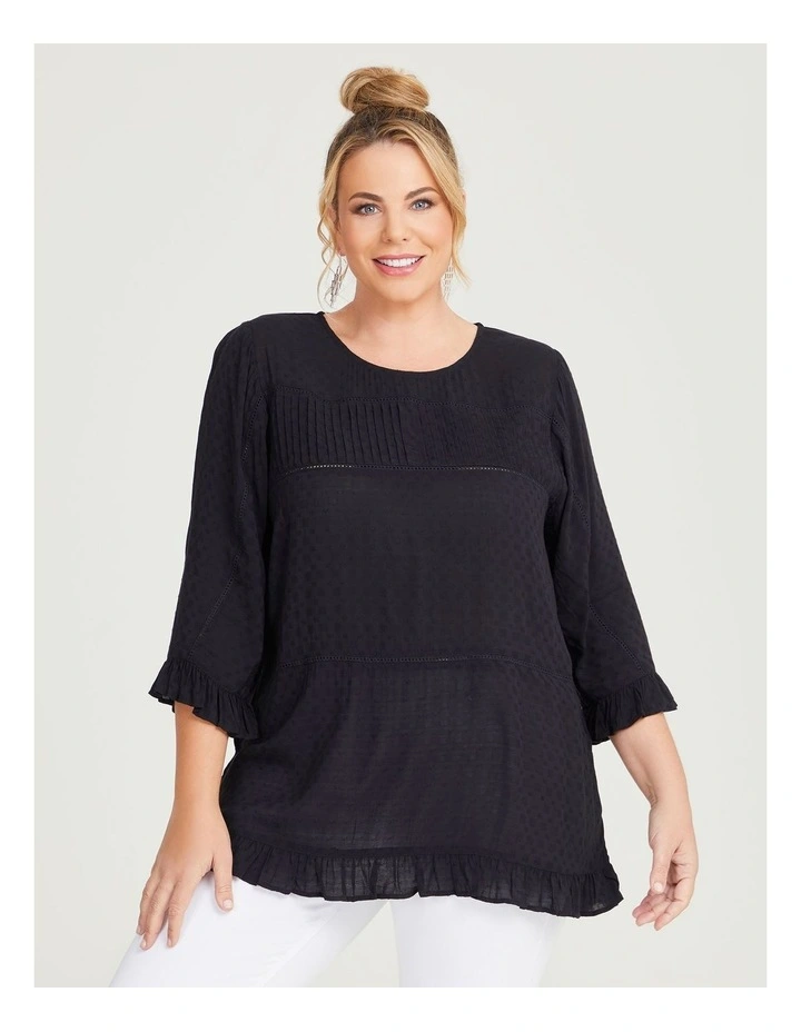 Natural Dobby Frill Top in Black