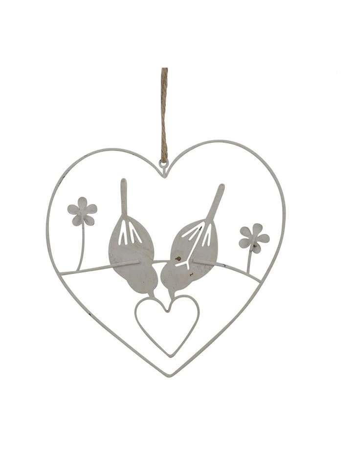 Hanging Lovebirds in Heart Ornament in Distressed White