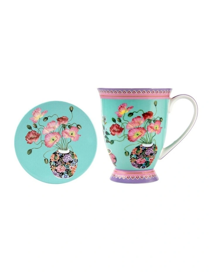 Gift Boxed Gabby Malpas Jardin Poppy Mug & Coaster Set 300ml in Blue