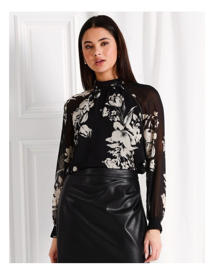 Ladder Trim Detail Raglan Sleeve Blouse in Black