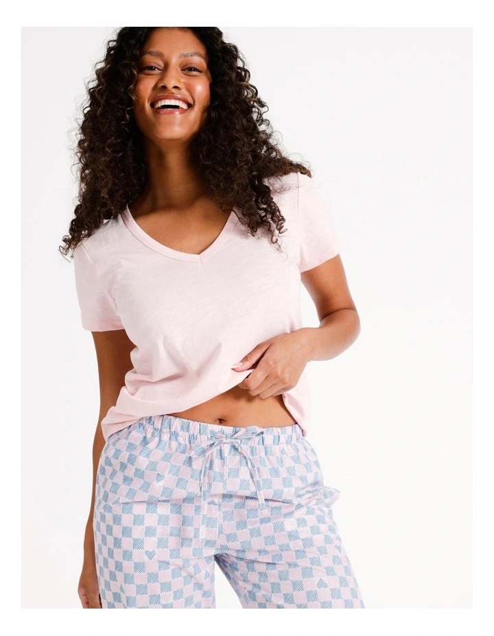 Cotton Knit V-Neck 3/4 PJ Set in Check Scribble