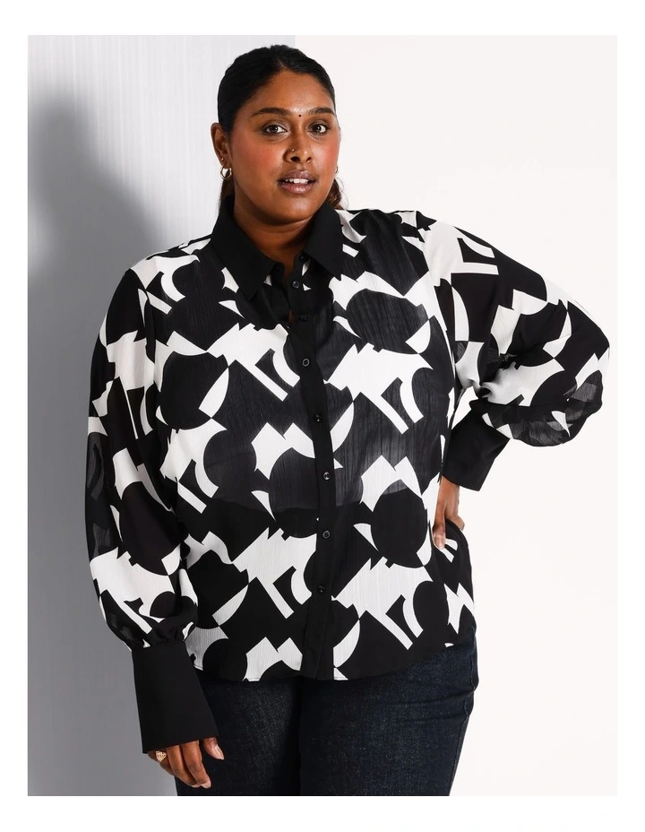 Recycled Polyester Blend Sheer Printed Shirt in Black/White