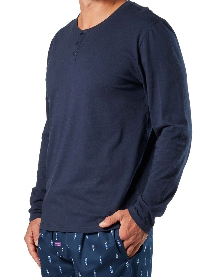 Henley Cotton Long Sleeve Sleep Tee in Navy