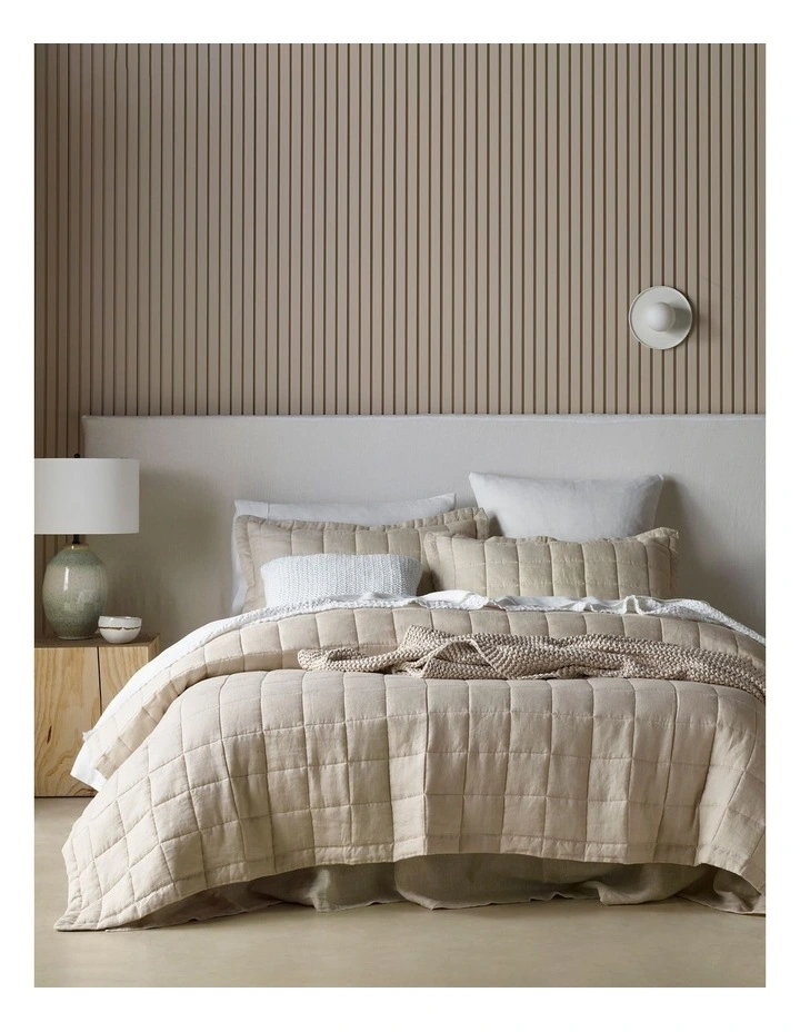 Sandy Cape Washed Belgian Linen Quilted Coverlet in Moonbeam