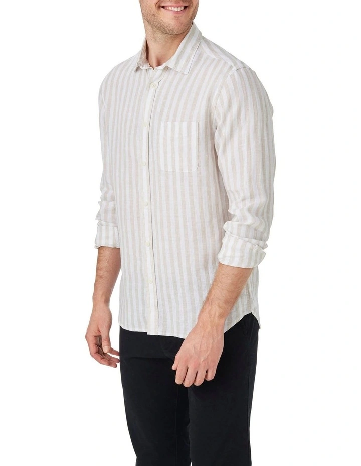Sicily Long Sleeves Linen Stripe Shirt in Stone