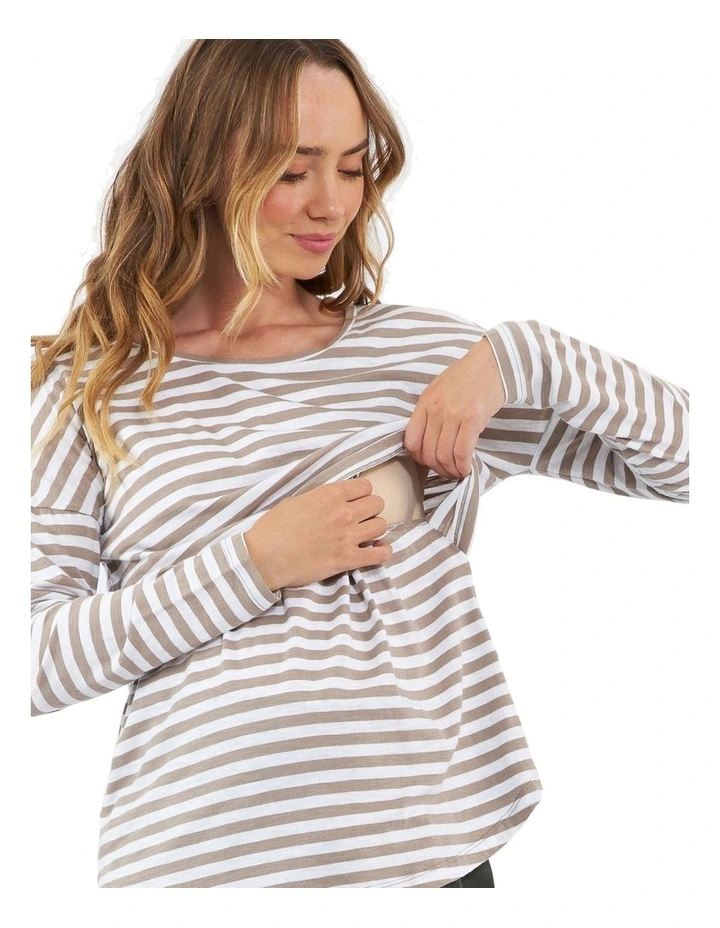 Lionel Long Sleeve Nursing Tee in Taupe/White