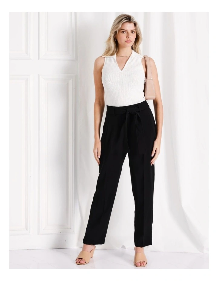 Recycled Blend Tie Waist Straight Leg Pants in Black