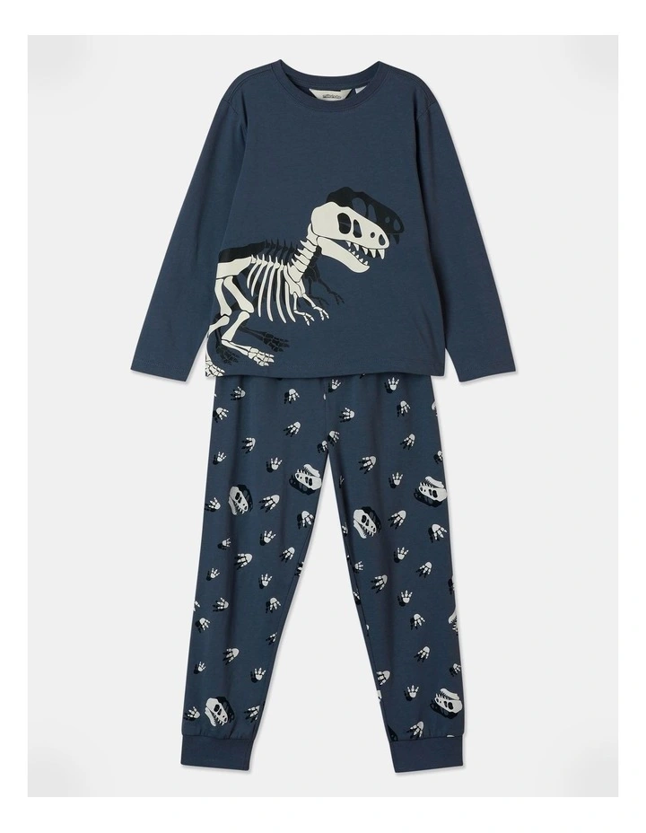 Essential Dino Skeleton Pyjama Set in Indigo