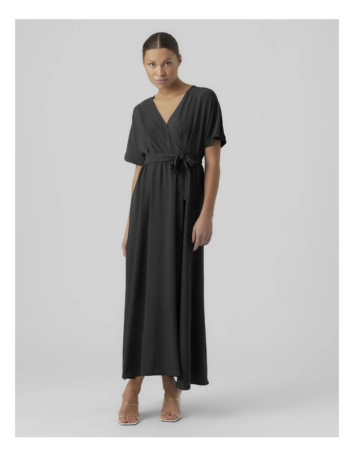 Short Sleeve V-Neck Ankle Dress in Black