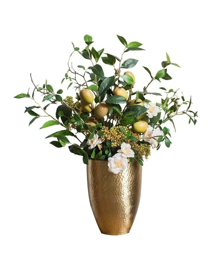Natural Look Lemon & Flower In Hand Made Indian Vase