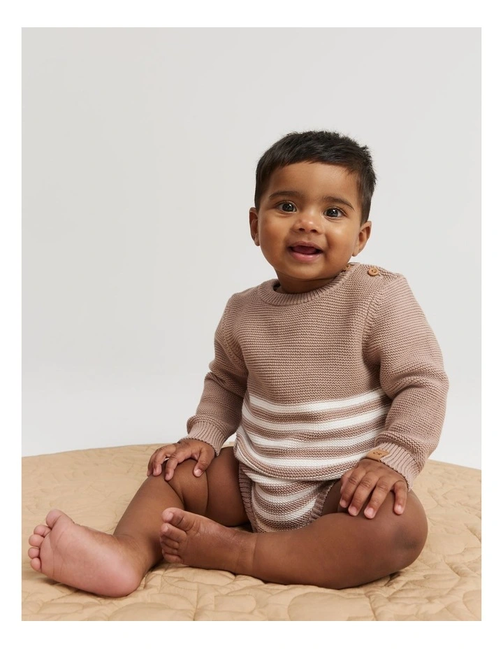 Organically Grown Cotton Stripe Knit Long Sleeve Bodysuit in Mushroom