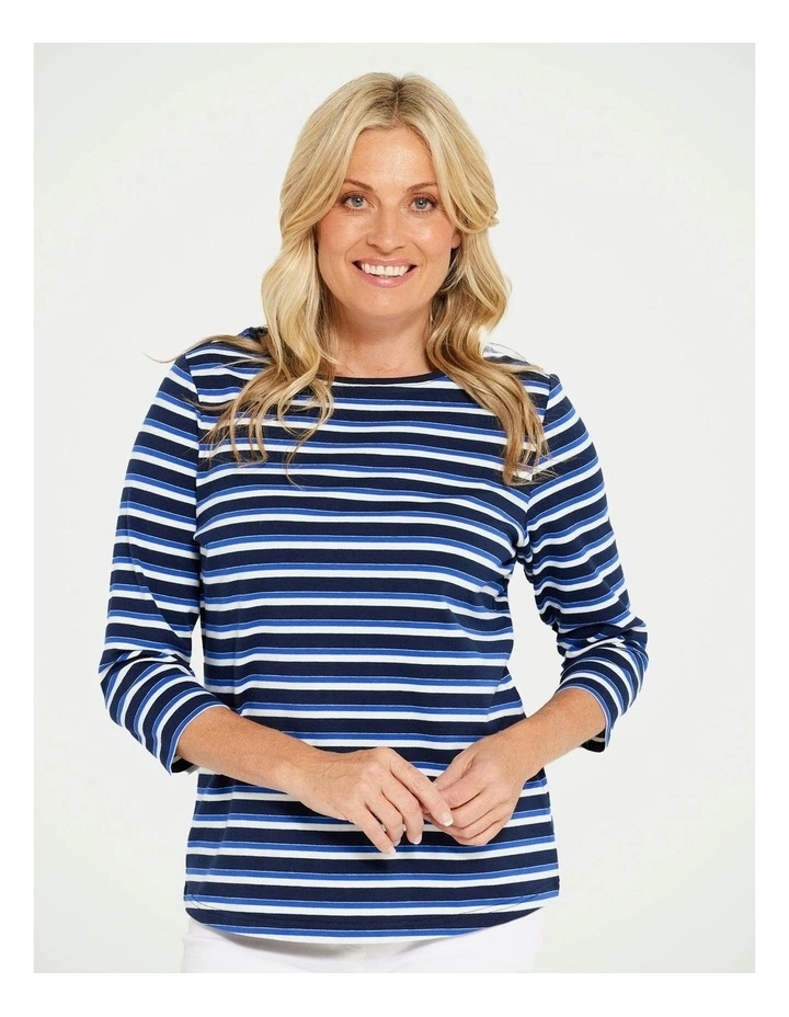 Jaunt 3/4 Sleeve Stripe Top in Cobalt
