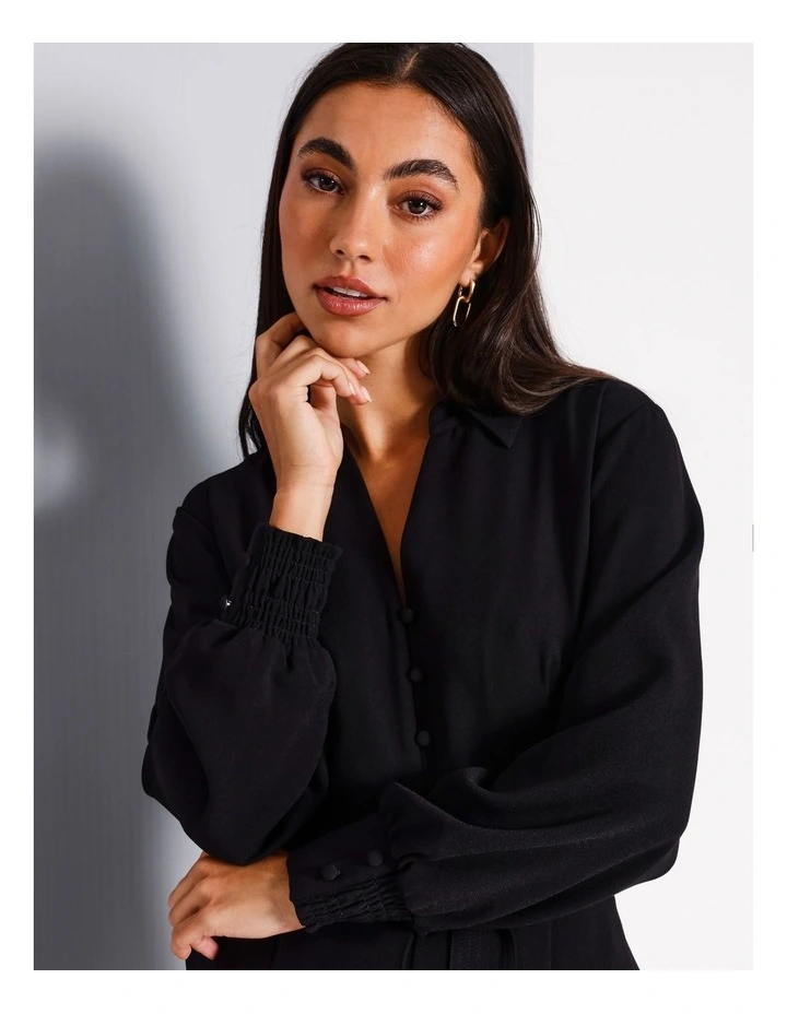 Button Front Shirt Dress in Black